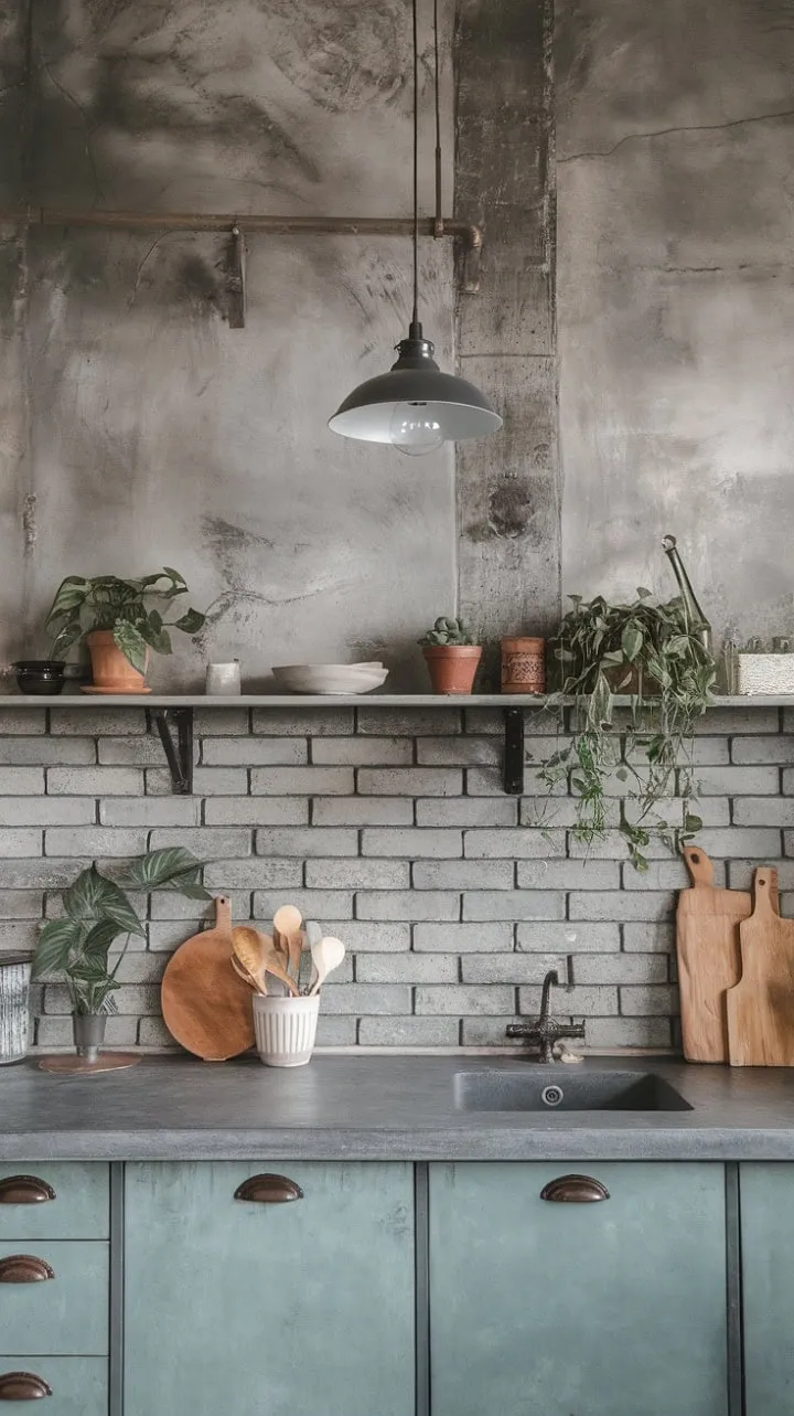 This kitchen masterfully fuses industrial elements with cozy modern touches, showcasing exposed brick and concrete alongside lush greenery and warm lighting for a captivating ambiance.