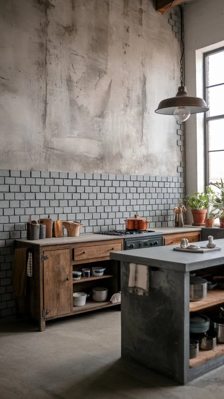 In this industrial-chic kitchen, raw textures like exposed brick and concrete harmonize with warm wood cabinetry and vintage lighting, striking a perfect balance between rustic charm and modern functionality.