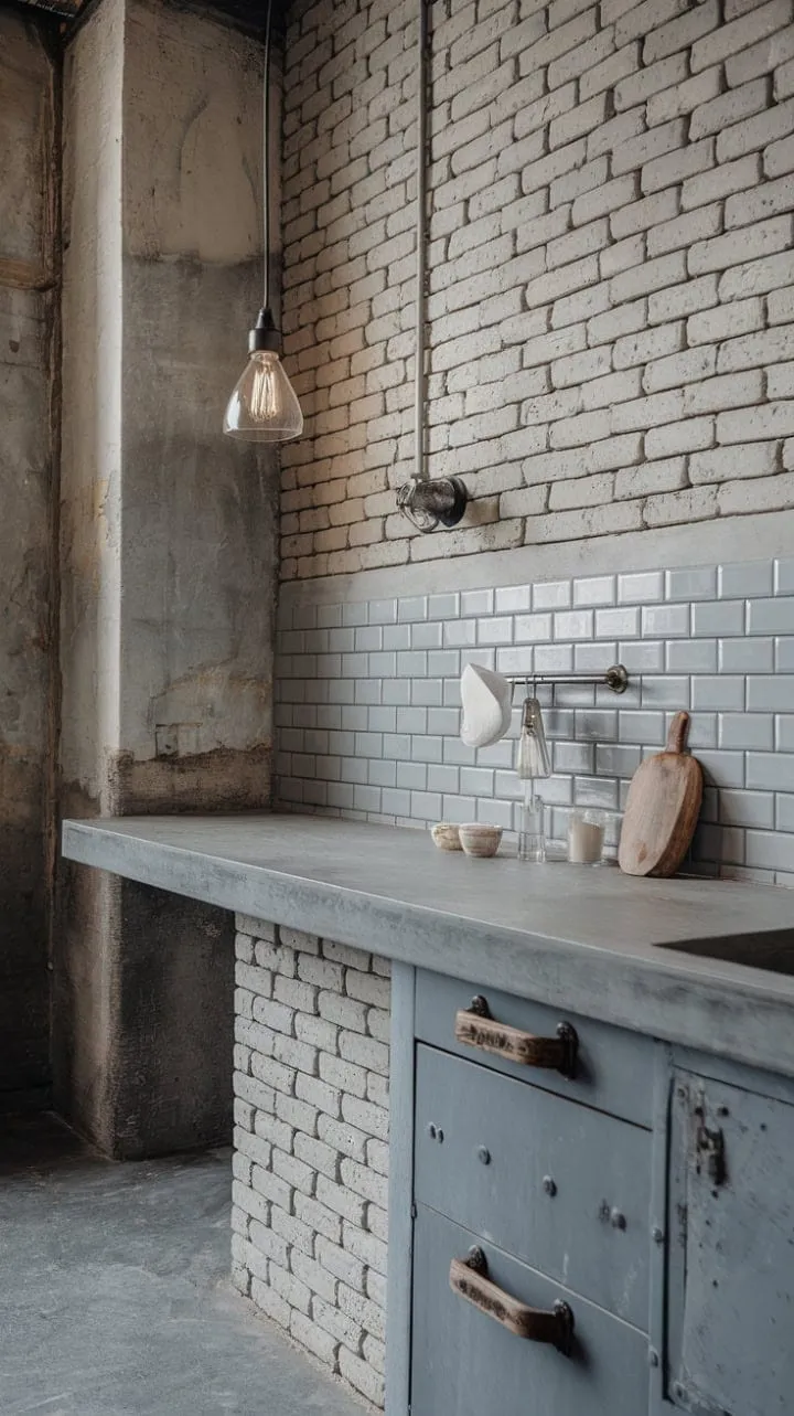 This industrial-chic kitchen masterfully combines raw concrete and exposed brick with warm vintage lighting and rustic wooden accents for a uniquely stylish ambiance.