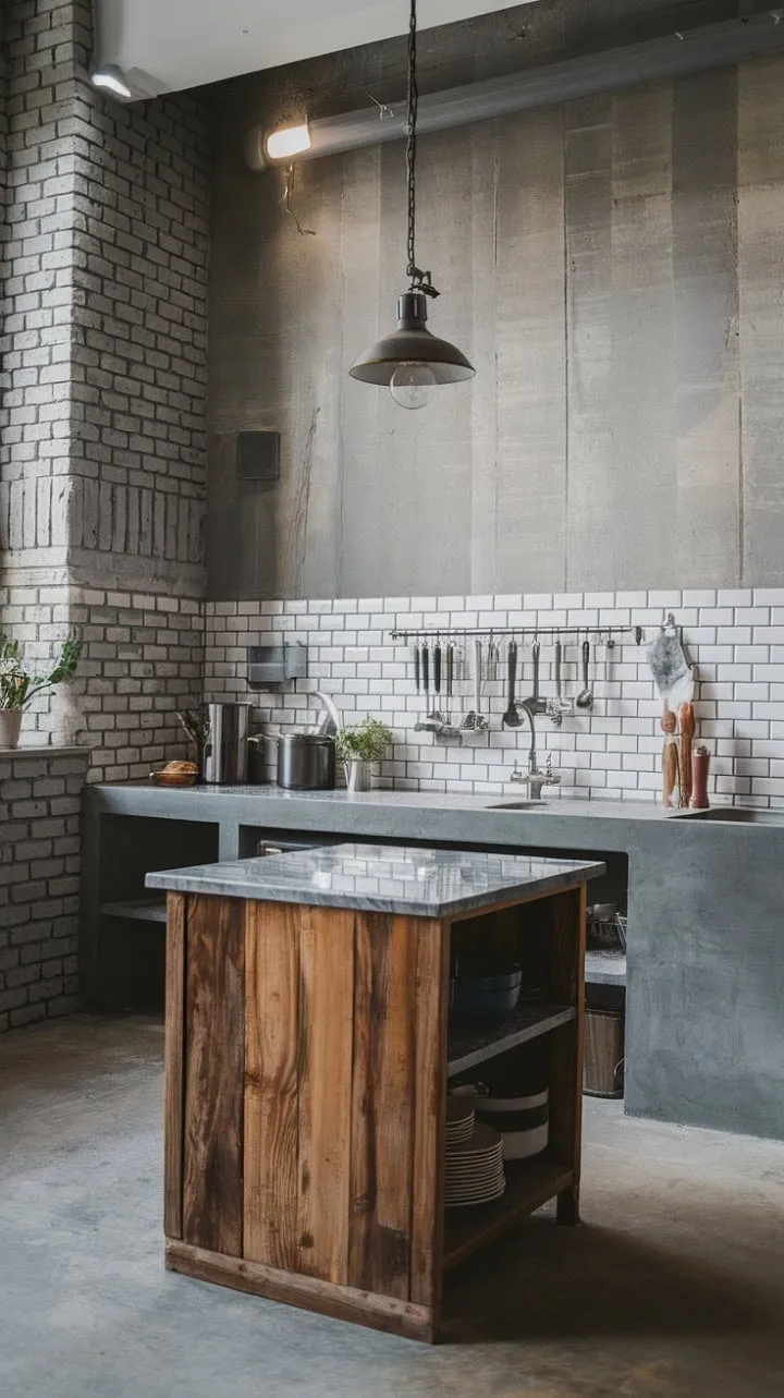 This kitchen masterfully blends industrial chic and rustic charm, featuring exposed brick, concrete countertops, and a warm wooden island topped with marble, all enhanced by a charming hanging pot rack.