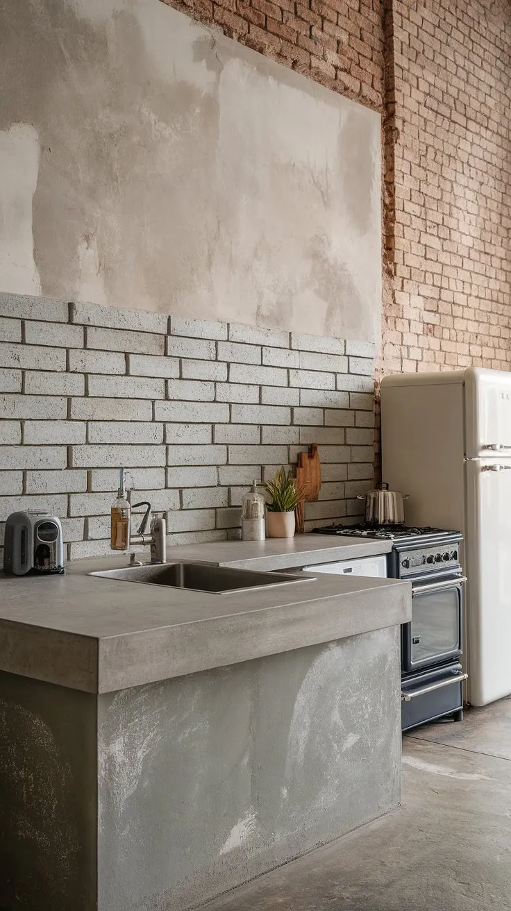 Where industrial chic meets rustic charm. The grey brick backsplash and concrete countertops create a space that's both stylish and functional, a perfect blend of textures and tones. A testament to the beauty of raw materials.
