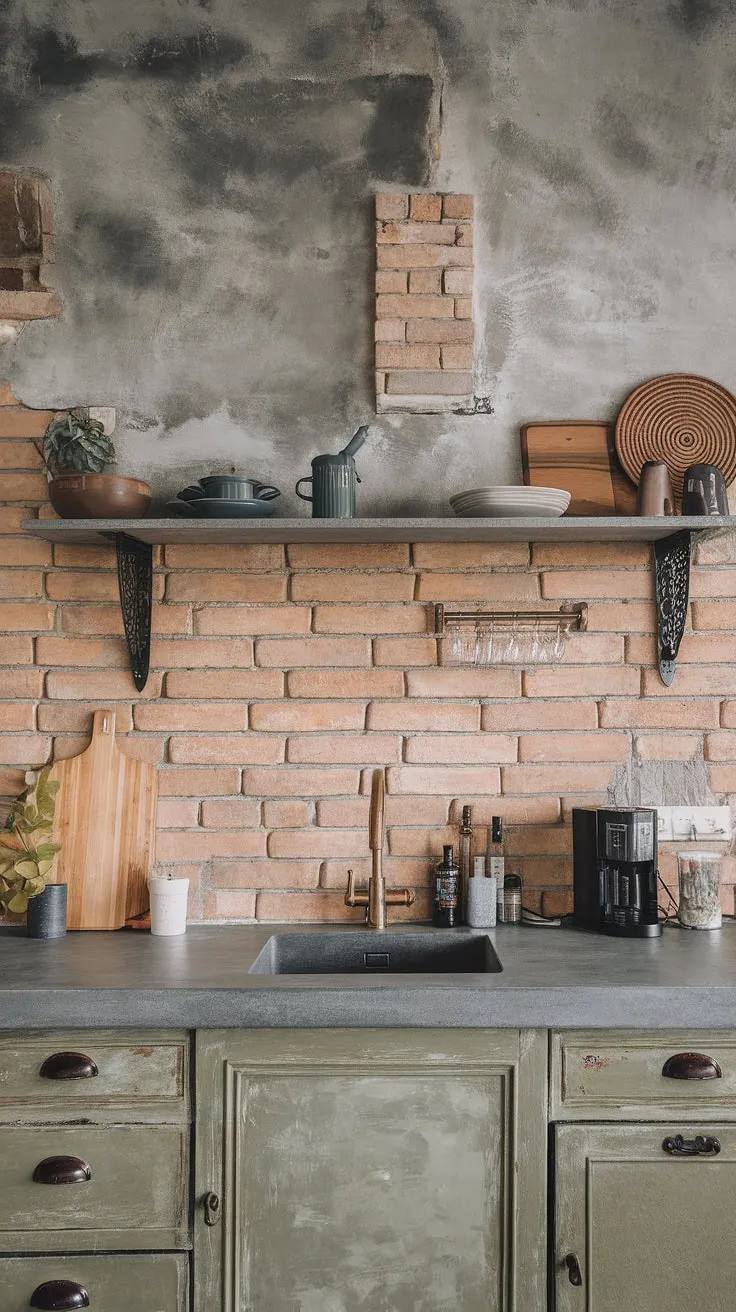 Warmth meets industrial cool in this kitchen. The exposed brick and concrete countertops create a rustic charm, while the soft lighting and thoughtful design details ensure a welcoming atmosphere. A perfect blend of textures and tones.