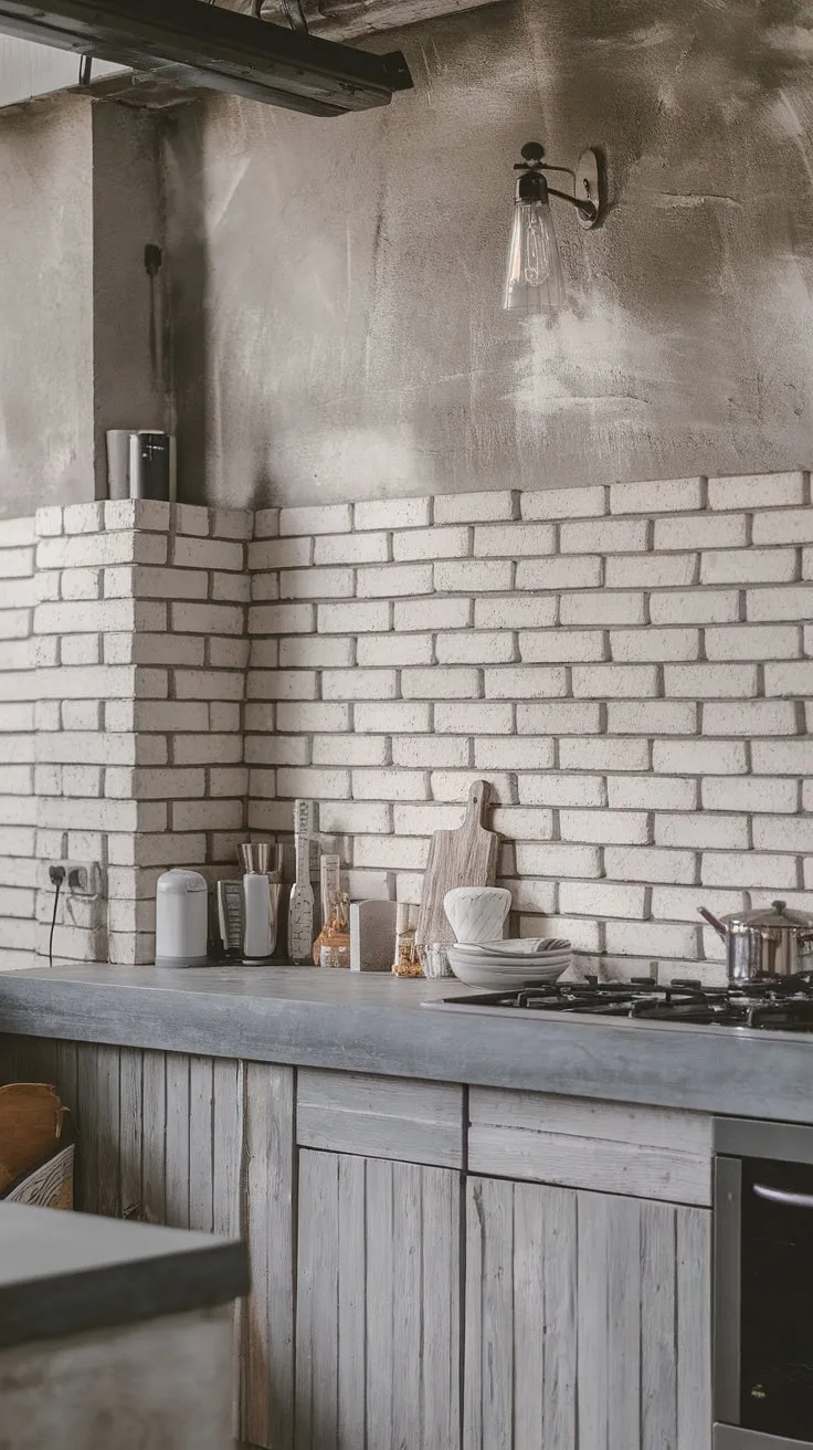 Where industrial chic meets rustic warmth. The exposed brick backsplash and concrete countertops create a stunning contrast, while the soft grey tones keep the space feeling inviting and A. This kitchen is a testament to the beauty of blending textures and styles.