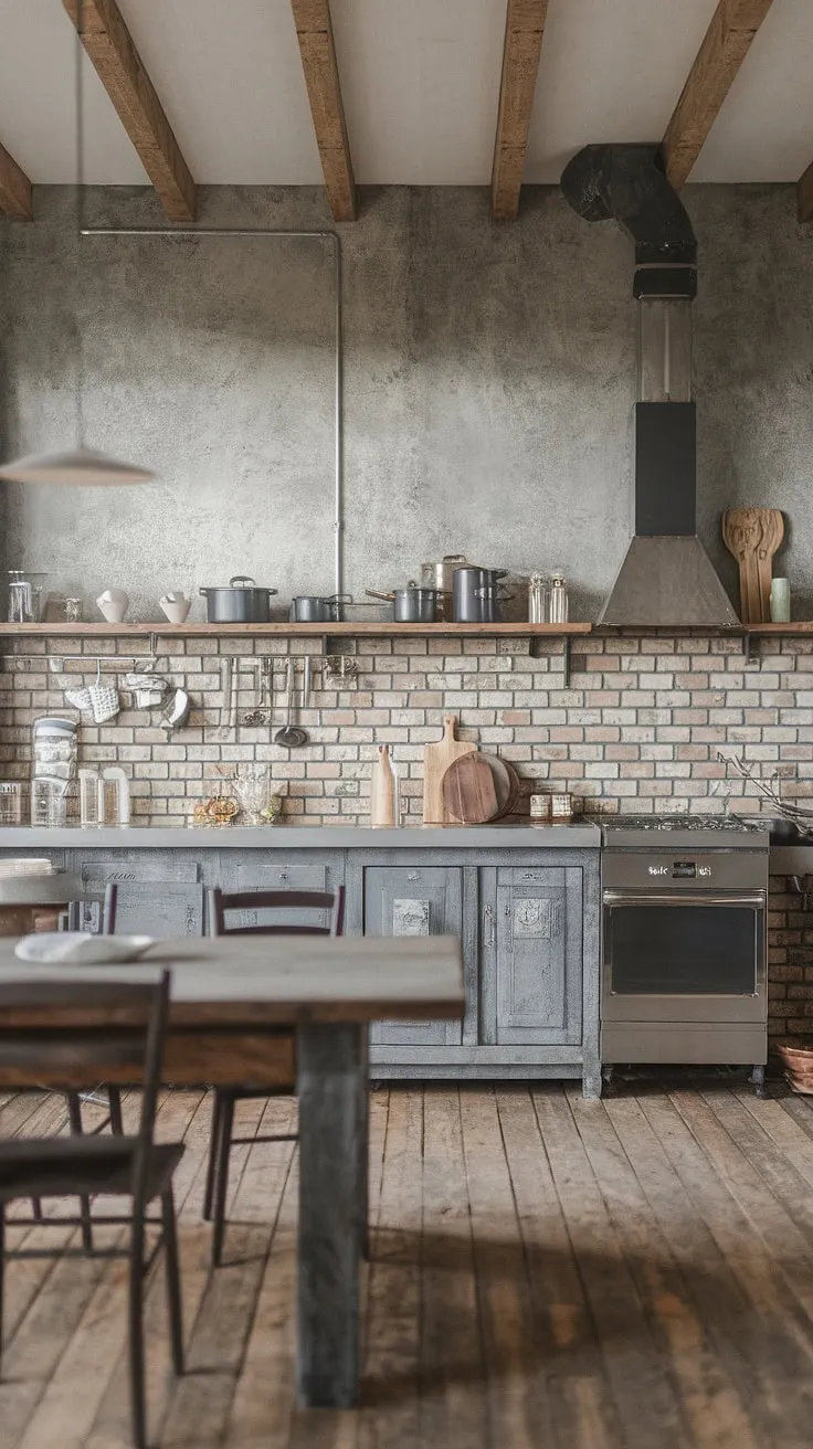 A symphony of textures and tones. The grey brick and cement walls provide a stunning backdrop for this kitchen's industrial design, while the wooden table and flooring introduce a comforting warmth. This space effortlessly balances raw, industrial elements with inviting, homely details, creating a truly unique and inspiring culinary haven.