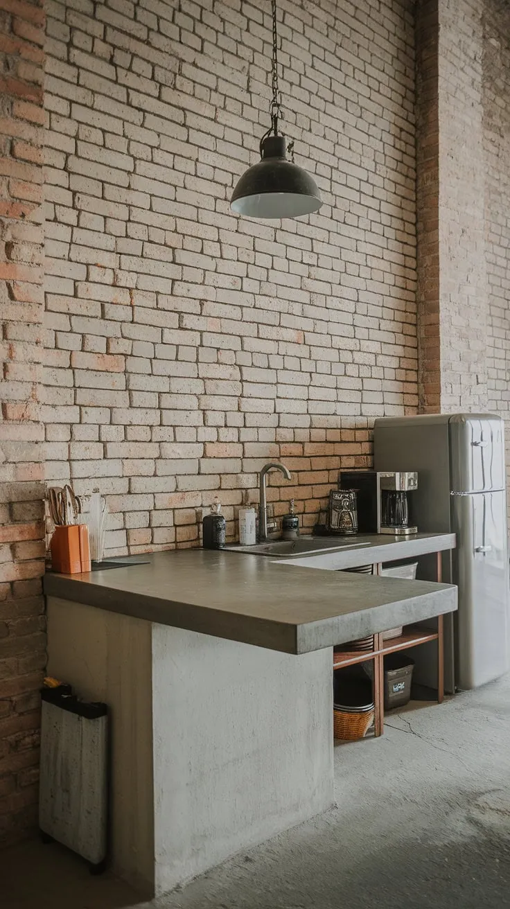 Industrial chic meets rustic charm in this kitchen. The exposed brick walls and concrete countertops create a raw, yet refined space, perfectly complemented by the modern pendant light and sleek appliances. A testament to blending contrasting styles seamlessly.