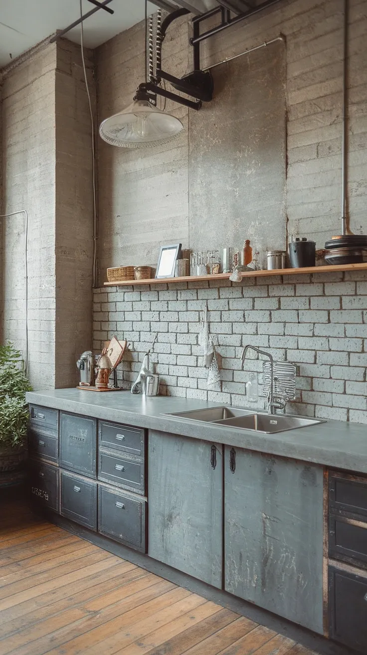 Raw, refined, and undeniably cool. This industrial kitchen seamlessly blends exposed brick walls and a grey brick backsplash with sleek stainless steel and a concrete countertop. The hanging light fixture adds a touch of drama, while the wooden floor grounds the space, creating a truly unique and inviting atmosphere.
