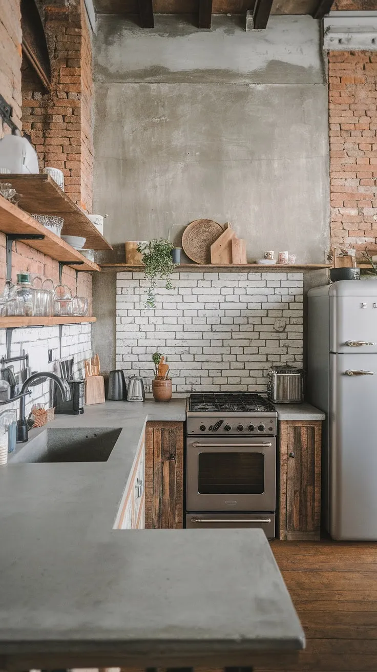 Raw textures and refined details define this industrial-chic kitchen. The exposed brick and cement walls provide a dramatic backdrop for the concrete countertops and state-of-the-art appliances, creating a space that's both beautiful and incredibly practical.