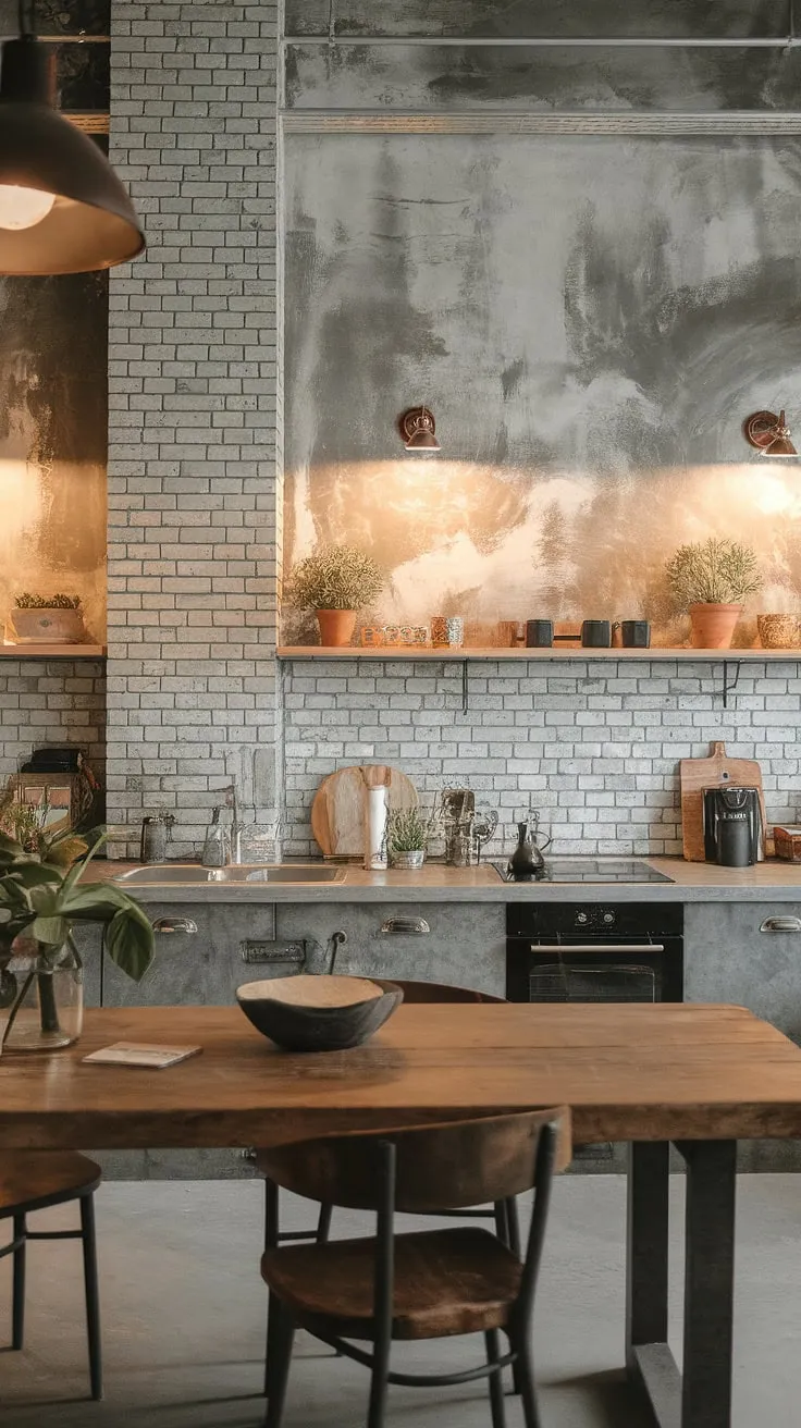 Warm lighting illuminates the raw beauty of this industrial-rustic kitchen. The exposed brick backsplash and concrete countertops create a striking contrast against the aged cement walls, while the large wooden table provides a welcoming heart to the space. A perfect blend of textures and tones, this kitchen is both functional and aesthetically pleasing. A touch of greenery adds a calming element to the otherwise rugged design.