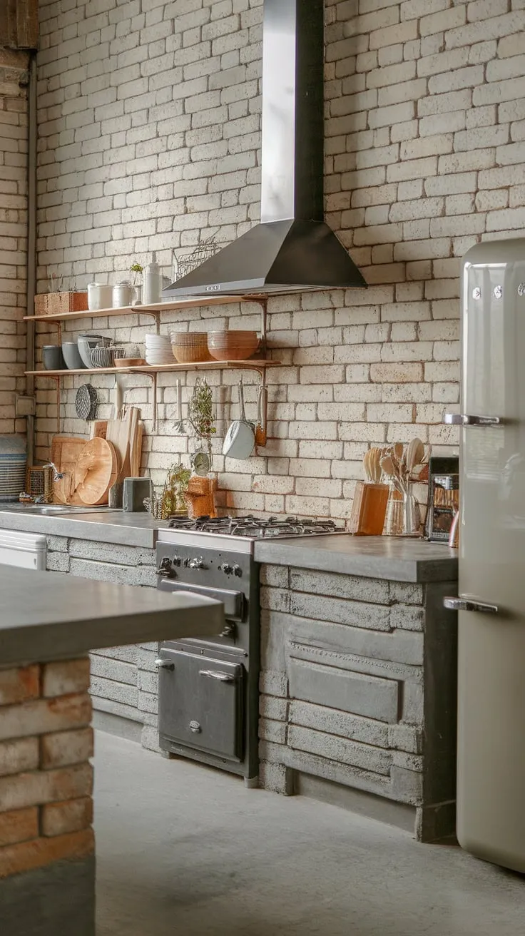 This soft industrial kitchen seamlessly blends rustic charm with modern functionality. The grey brick aesthetic, concrete countertops, and exposed brick wall create a space that's both stylish and inviting. A perfect blend of textures and tones for the modern home chef.