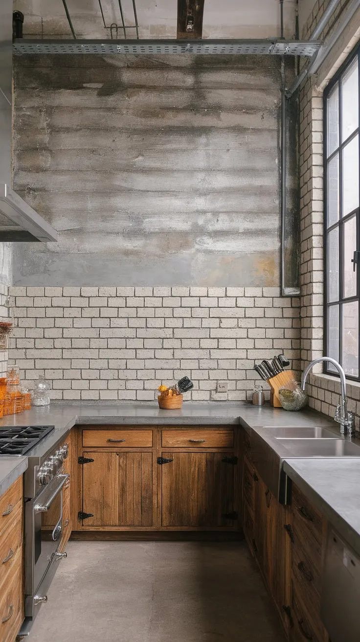 A blend of urban edge and cozy comfort. This kitchen's concrete surfaces and exposed pipes offer a distinctly industrial feel, while the soft grey brick and wooden accents add a touch of rustic warmth. A space where functionality and style seamlessly coexist.