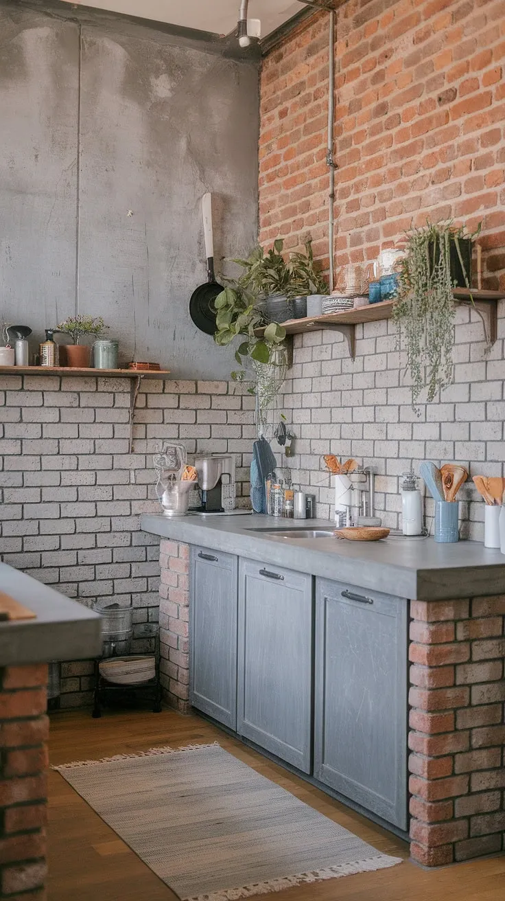 This soft industrial kitchen effortlessly blends rustic charm with modern functionality. The exposed brick wall, grey brick backsplash, and concrete countertops create a unique and inviting space, perfectly complemented by the warm wood floors and hanging plants. A testament to the beauty of contrasting textures and a harmonious blend of styles.