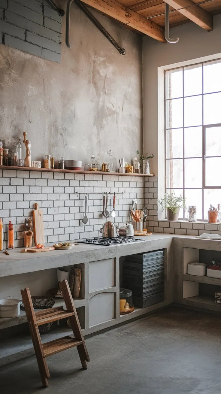 A symphony of textures and tones: grey brick, smooth concrete, and warm wood create a captivating backdrop for culinary adventures. The large window bathes the space in natural light, while the strategically placed ladder adds a touch of rustic charm. A kitchen where functionality and style seamlessly coexist, it's a space designed for both practicality and inspiration.