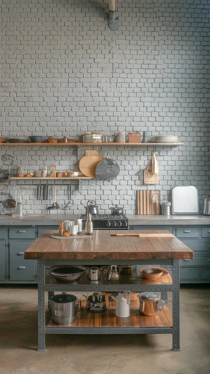 A symphony of textures and tones. The exposed brick, concrete surfaces, and rich wood of the island create a captivating kitchen space. A blend of industrial strength and inviting warmth, this design is both striking and effortlessly stylish.