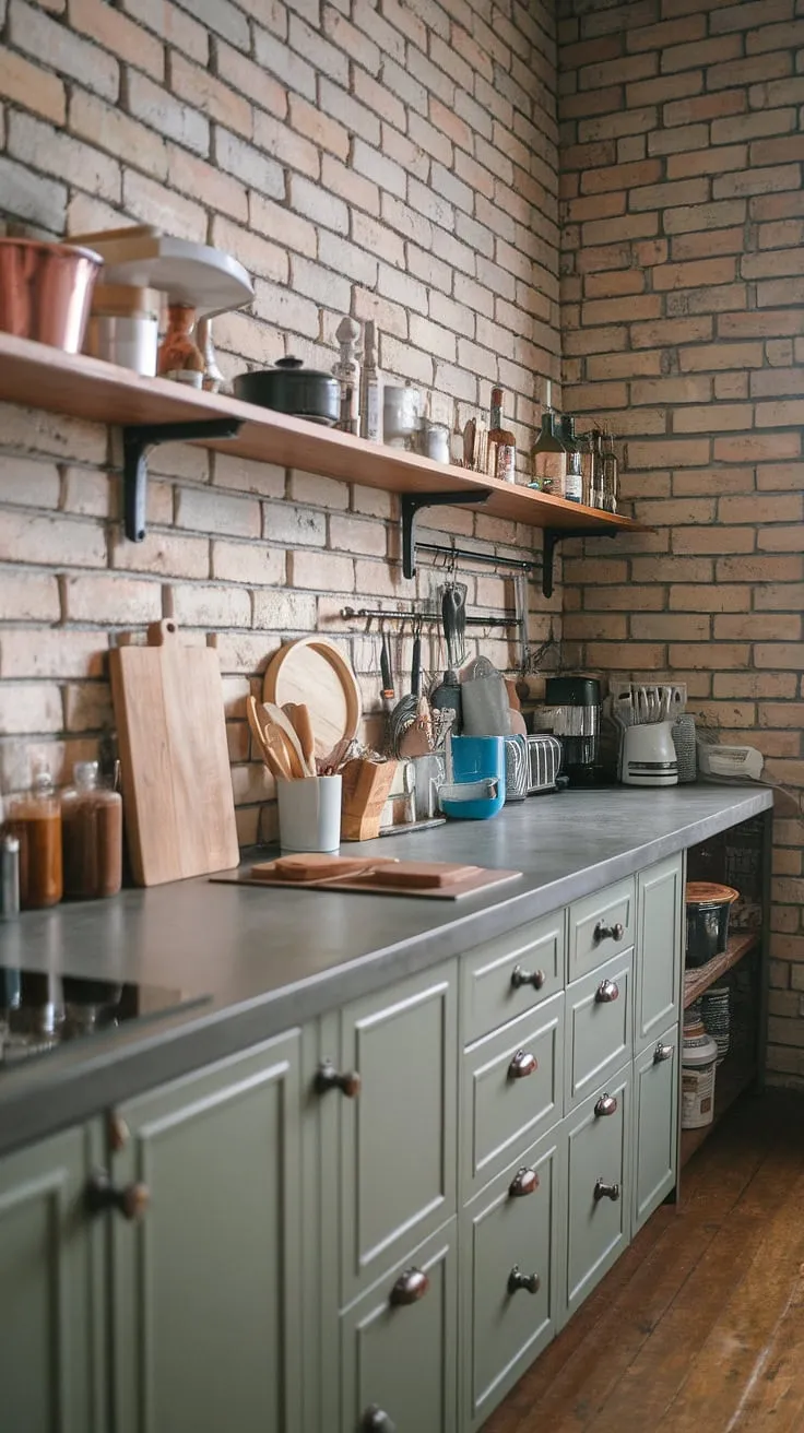 This industrial-chic kitchen seamlessly blends rustic charm with modern functionality. The exposed brick wall, concrete countertops, and warm wood floors create a space that's both inviting and effortlessly stylish. A perfect blend of textures and tones makes this the heart of the home.