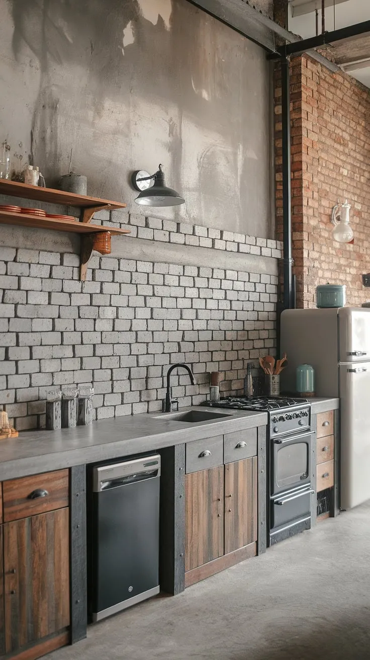 Industrial chic meets rustic charm in this kitchen. The grey brick backsplash adds a modern touch to the exposed brick and cement walls, creating a space that's both stylish and functional. A perfect blend of textures and tones.