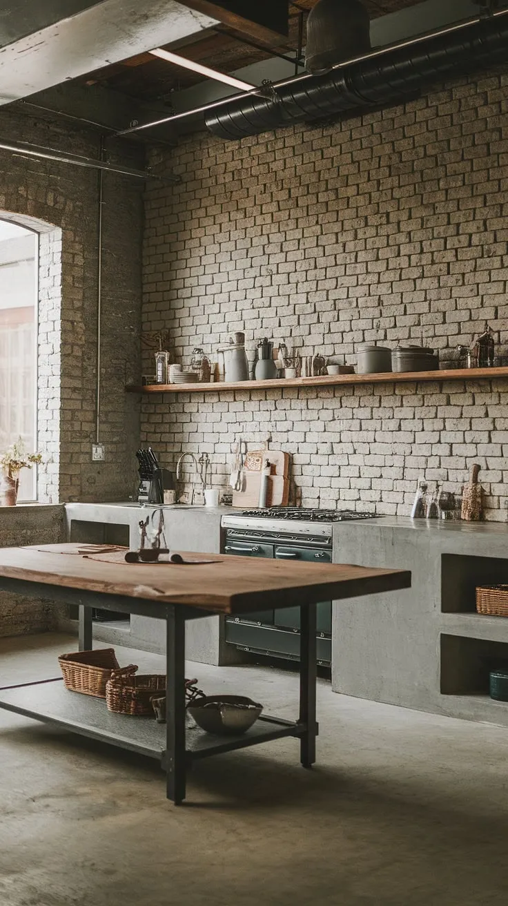 A symphony of textures and light plays out in this industrial kitchen. The raw beauty of exposed brick and concrete is softened by the warmth of the wooden island, creating a space that's both rugged and refined. A truly captivating culinary workspace.