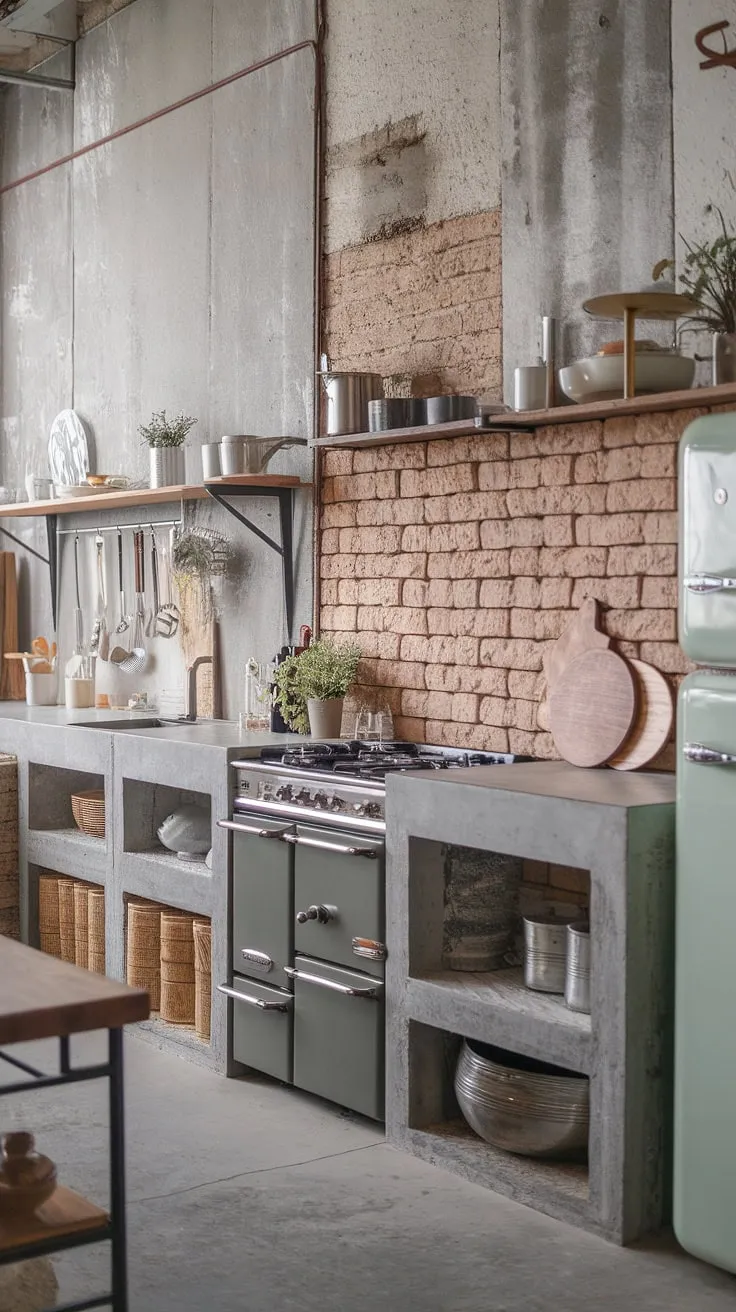 This kitchen's raw beauty is undeniable. A striking combination of exposed brick, cement walls, and concrete countertops, softened by the warmth of wood and the gleam of stainless steel appliances, creates a truly unique and inviting space. A perfect example of industrial design done right.