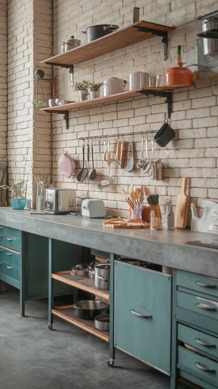This soft industrial kitchen seamlessly blends rustic charm with modern functionality. The exposed brick wall and concrete countertops create a raw, yet inviting atmosphere, while the hanging copper pots and wooden rack add warmth and character. A perfect blend of textures and tones for the heart of the home.