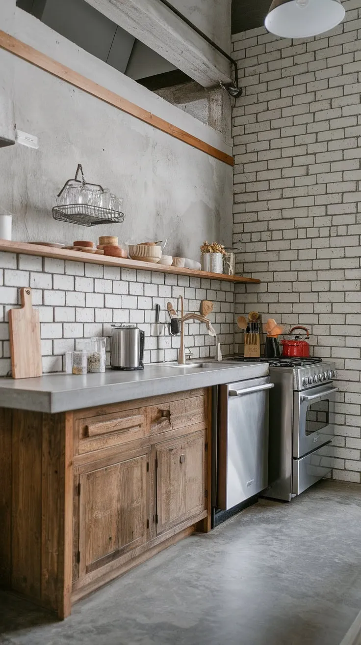 Where industrial grit meets rustic charm. The exposed brick, concrete countertops, and warm wood tones create a kitchen that's both stylish and functional. A perfect blend of textures and materials defines this space.