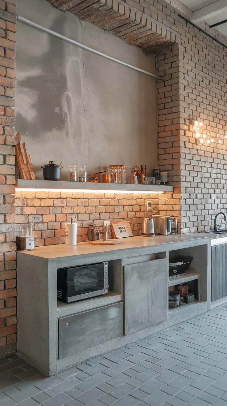 This rustic-industrial kitchen is a dream. The raw textures of the exposed brick and cement walls are beautifully balanced by the warmth of the lighting and the sleek lines of the appliances. A stunning example of modern design with a touch of the old world.