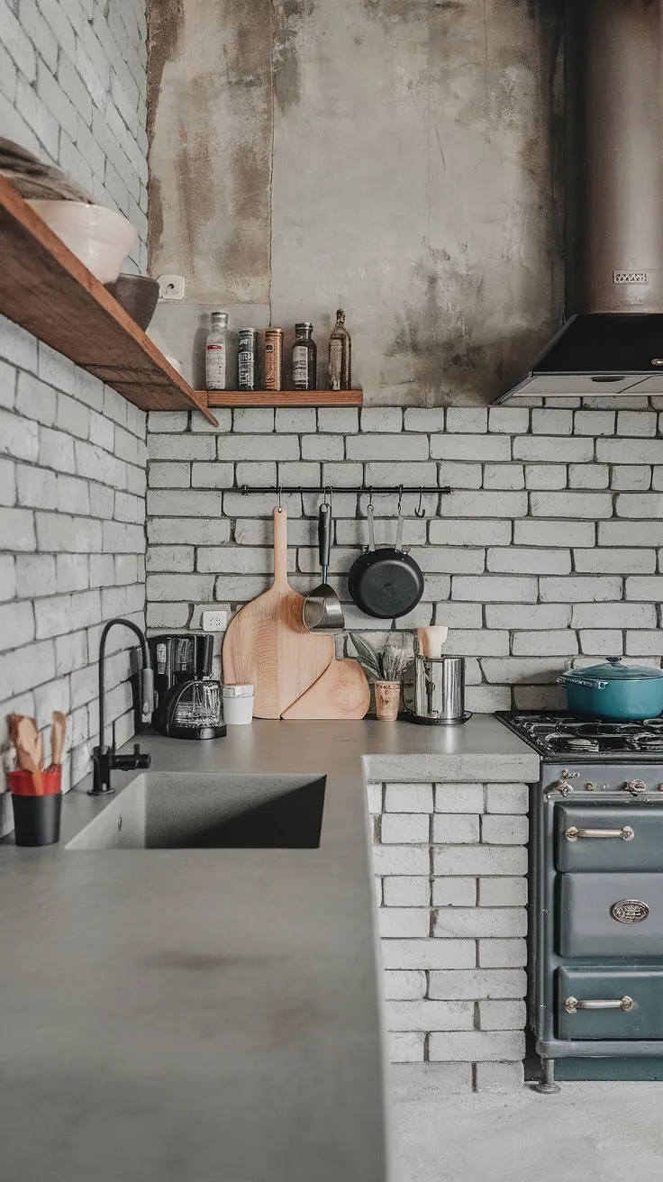 This soft industrial kitchen is a testament to the power of contrasting textures. The grey brick backsplash and cement wall provide a stunning canvas for the warmth of the hanging pots and pans, creating a space that's both inviting and effortlessly cool. A truly unique and inspiring culinary haven.