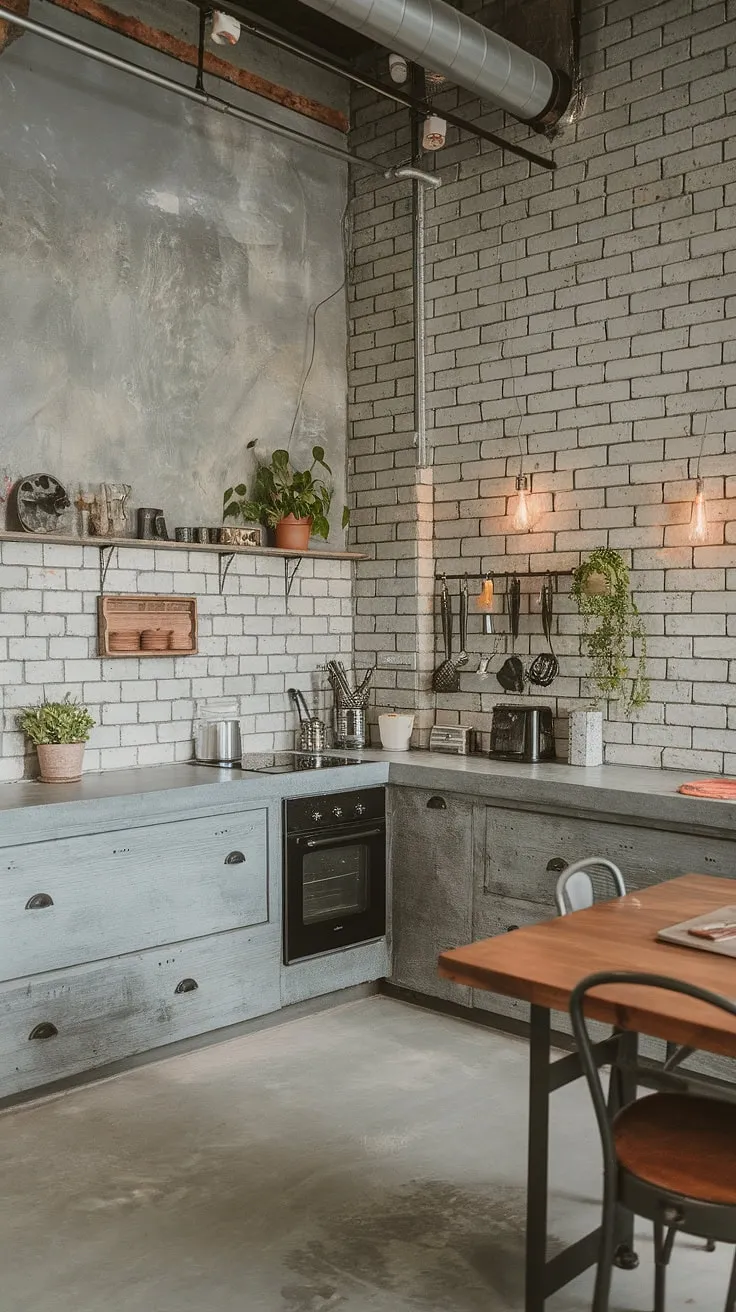 This industrial-chic kitchen seamlessly blends raw materials with a touch of warmth. The grey brick wall, cement accents, and wooden table create a unique and inviting atmosphere. A testament to the beauty of blending contrasting elements for a truly stunning space.