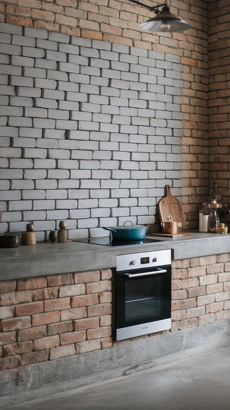 The soft industrial glow of this kitchen, with its grey brick backsplash and concrete countertops, creates a space both rugged and refined. The exposed brick wall adds character, while the modern pendant light offers a touch of elegance. A perfect blend of textures and styles.