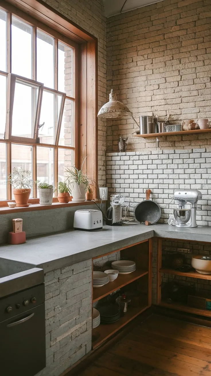 Where industrial grit meets rustic charm. The exposed brick, concrete countertops, and vintage lampshade create a kitchen brimming with character, a space where culinary adventures unfold amidst the warmth of wooden floors and the gentle glow of sunlight streaming through the large window. A perfect blend of old and new, this kitchen is a testament to thoughtful design and a love for the handcrafted.