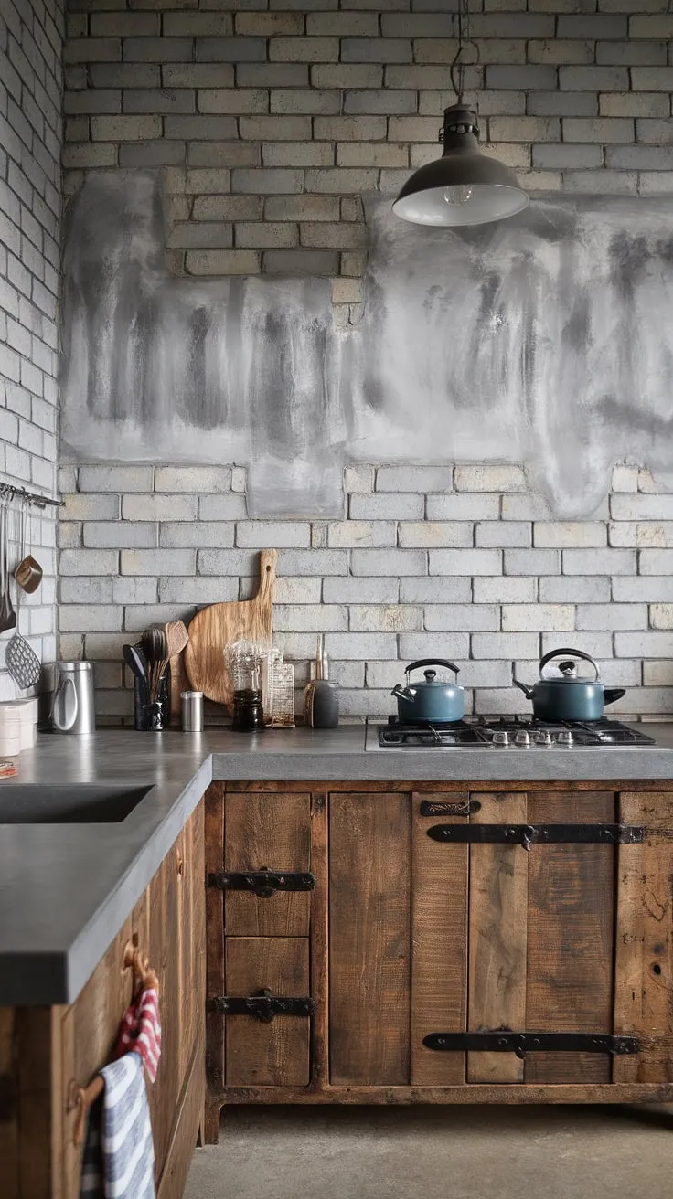 This concrete and brick kitchen is a testament to raw, industrial beauty. The grey brick backsplash provides a striking contrast to the warm wood cabinet, while the concrete countertop offers a durable and stylish workspace. The simple pendant light and thoughtfully placed cookware complete the look, creating a space that's both functional and visually captivating. A perfect blend of textures and materials.