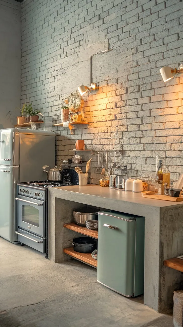 Where industrial chic meets rustic warmth. The grey-washed brick and concrete countertops create a stunning backdrop for culinary adventures. A perfect blend of textures and tones, this kitchen is both functional and inviting.