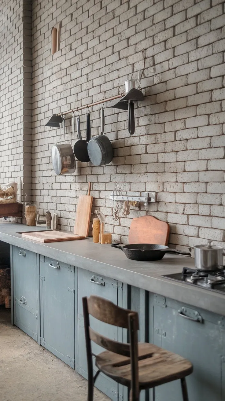Where industrial grit meets rustic charm. The exposed brick, concrete countertops, and vintage cookware create a kitchen that's both functional and aesthetically stunning. A perfect blend of textures and tones, this space is a testament to thoughtful design. A place where culinary adventures unfold.