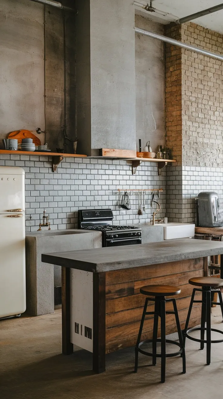Industrial chic meets rustic charm in this kitchen. The exposed brick walls, concrete countertops, and a large wooden island create a space that's both stylish and functional. A perfect blend of textures and tones defines this stunning culinary heart.