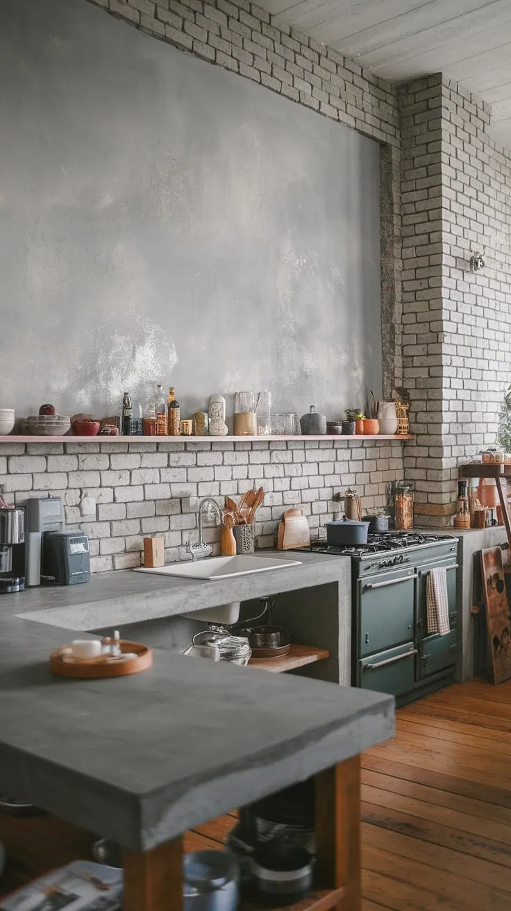 This rustic-industrial kitchen is a testament to the beauty of raw materials. The grey brick backsplash, concrete counters, and wooden floors create a unique and inviting atmosphere. A haven for the home chef, brimming with character and warmth.