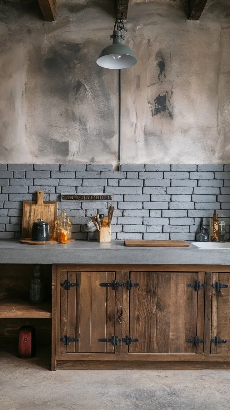 This kitchen's design is a testament to the beauty of raw materials. The grey brick, concrete flooring, and cement wall provide a rugged foundation, beautifully complemented by the sleek concrete countertops and the warmth of the wooden cabinet. The overall effect is a sophisticated industrial aesthetic, perfect for the modern homeowner.