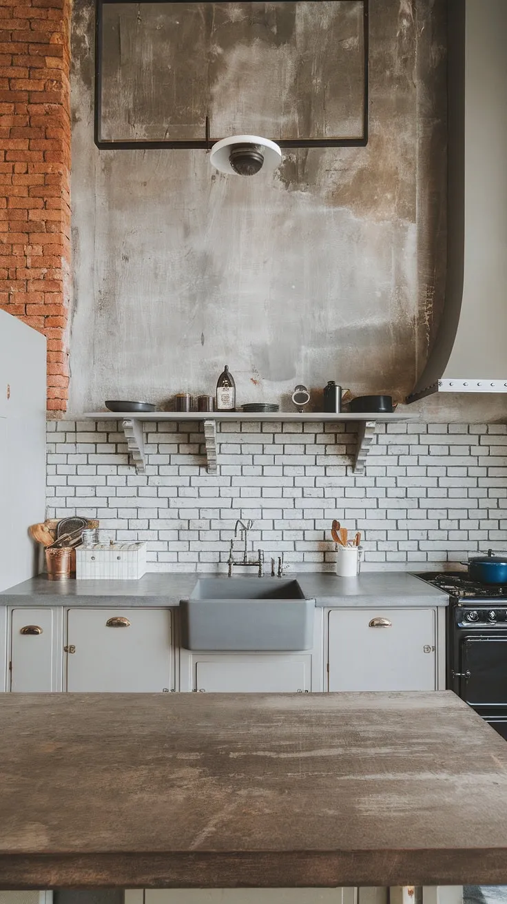 Where industrial grit meets modern comfort. The grey brick backsplash and exposed brick walls create a stunning backdrop for this kitchen's blend of vintage charm and sleek contemporary design. A perfect example of how contrasting textures and materials can come together seamlessly.