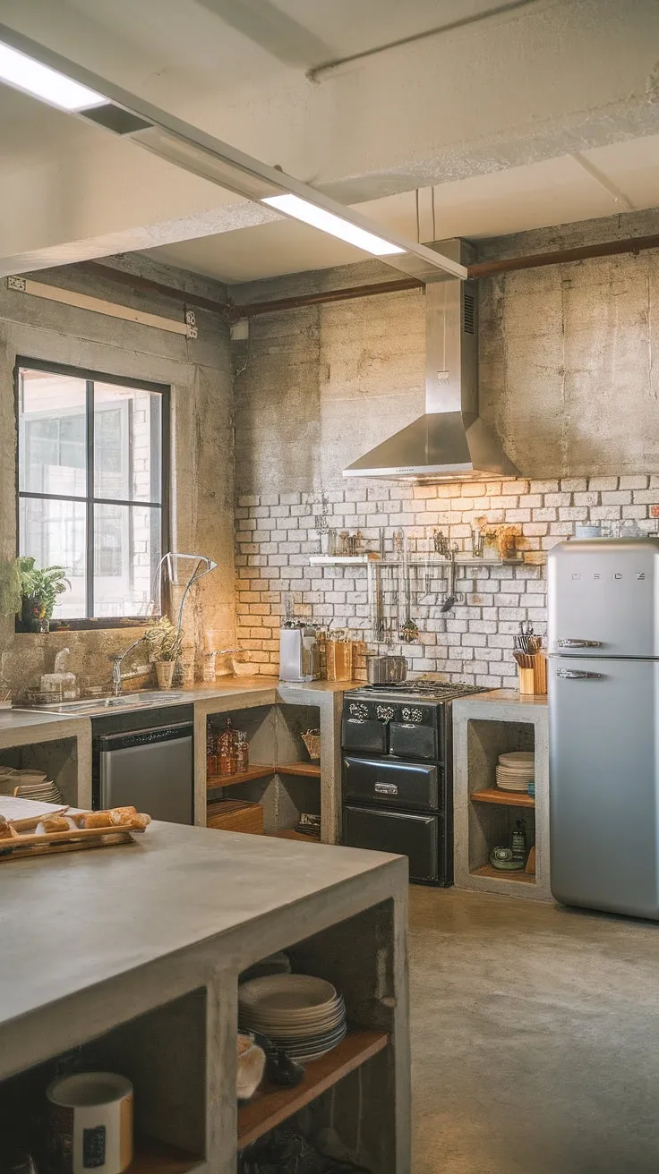 Warmth and functionality meet in this stunning industrial kitchen. The exposed brick walls and concrete countertops create a unique and inviting space, while the ample natural light and thoughtfully placed appliances make cooking a true pleasure. A testament to the beauty of blending rustic and modern design.