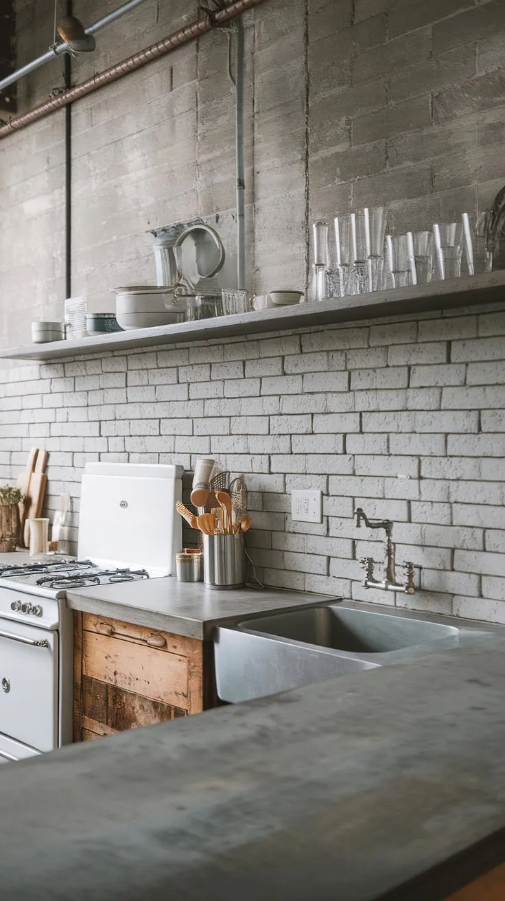 Where industrial chic meets rustic charm. The grey brick backsplash and concrete countertop create a stunning contrast against the warmth of the wooden cabinetry, resulting in a kitchen that's both stylish and functional. A perfect blend of textures and tones.