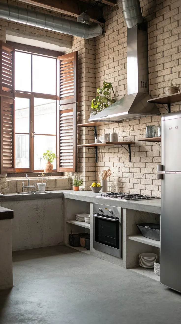 This rustic-industrial kitchen is a testament to the beauty of raw materials. The exposed brick, concrete countertops, and cement floors create a unique and inviting space, while the large window and open shelving add a touch of airy elegance. A haven for culinary creativity.