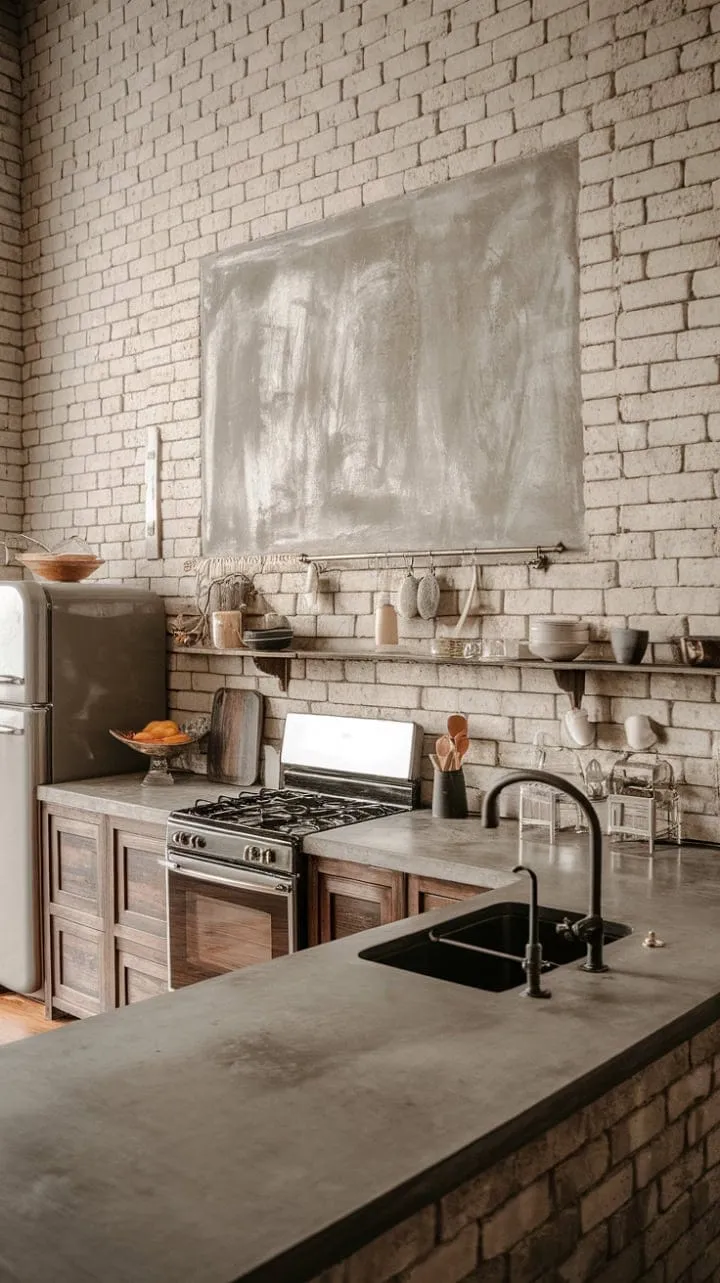 This rustic industrial kitchen harmoniously combines raw textures and modern functionality, showcasing how exposed brick can create a surprisingly cozy atmosphere.