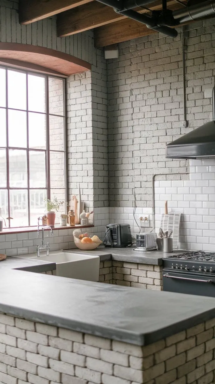 An inspiring industrial kitchen harmoniously blends grey brick, warm wood beams, and cool cement, creating a captivating space that feels both luxurious and lived-in.