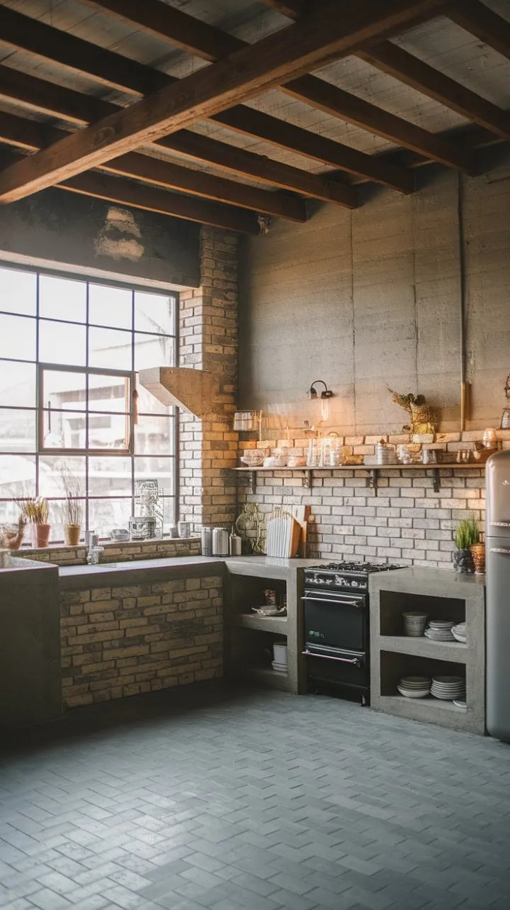 This kitchen masterfully combines industrial chic with rustic charm, featuring exposed brick, concrete countertops, and warm wood beams for a stylish yet inviting culinary haven.