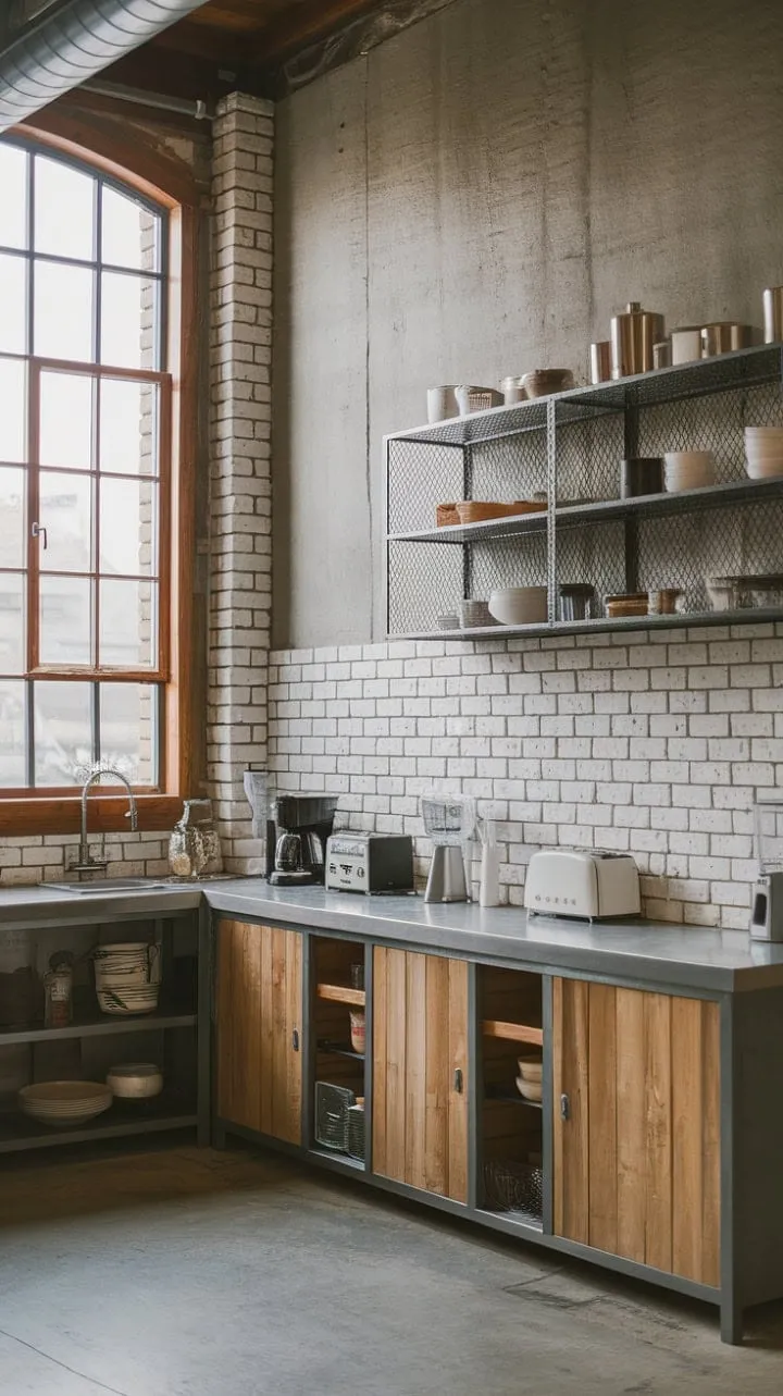 This kitchen masterfully marries industrial charm with modern elegance, where exposed brick and concrete meet sleek appliances and warm wood, all illuminated by a flood of natural light.