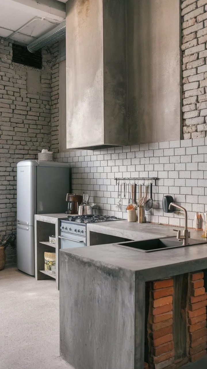 This kitchen masterfully blends industrial elements like raw concrete and exposed brick with functional design, creating a uniquely textured space perfect for culinary creativity.