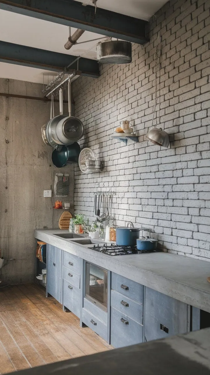 This industrial-chic kitchen masterfully fuses rustic warmth with modern elegance, featuring a striking grey brick wall, concrete countertops, and cozy wooden floors.