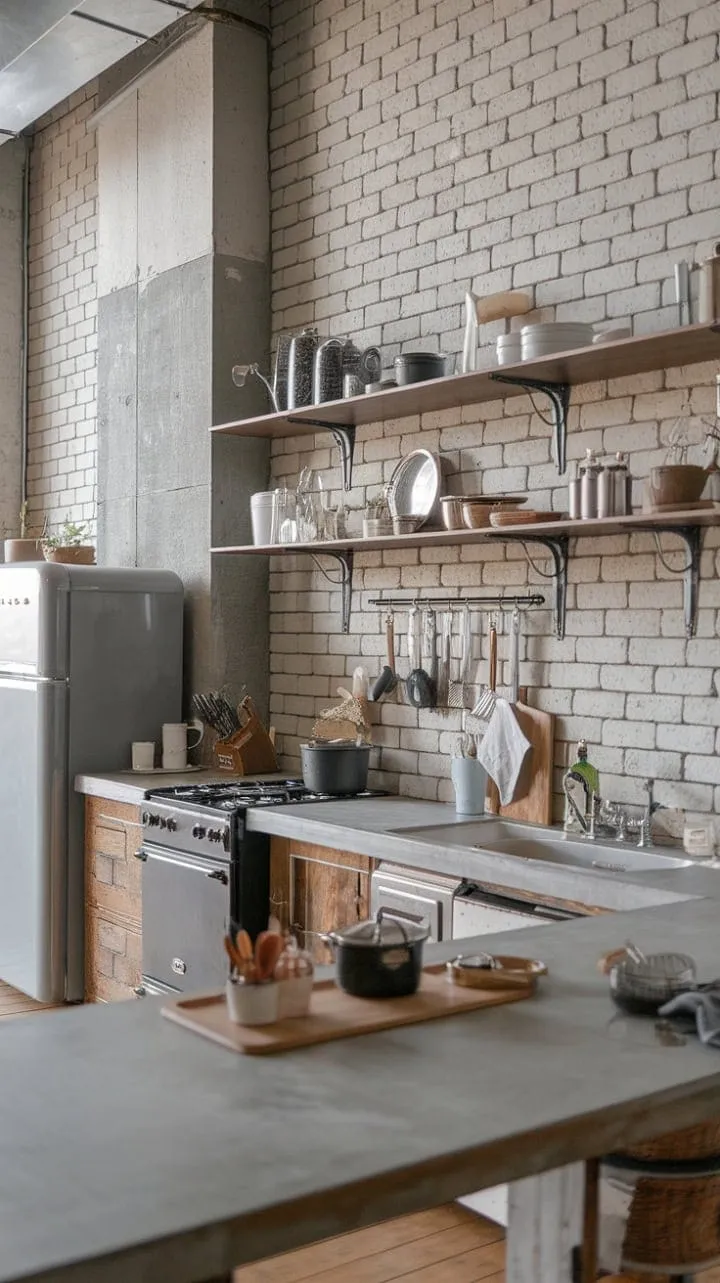 This kitchen masterfully fuses rustic charm with modern industrial flair, featuring a captivating mix of grey brick, concrete, and exposed metal.