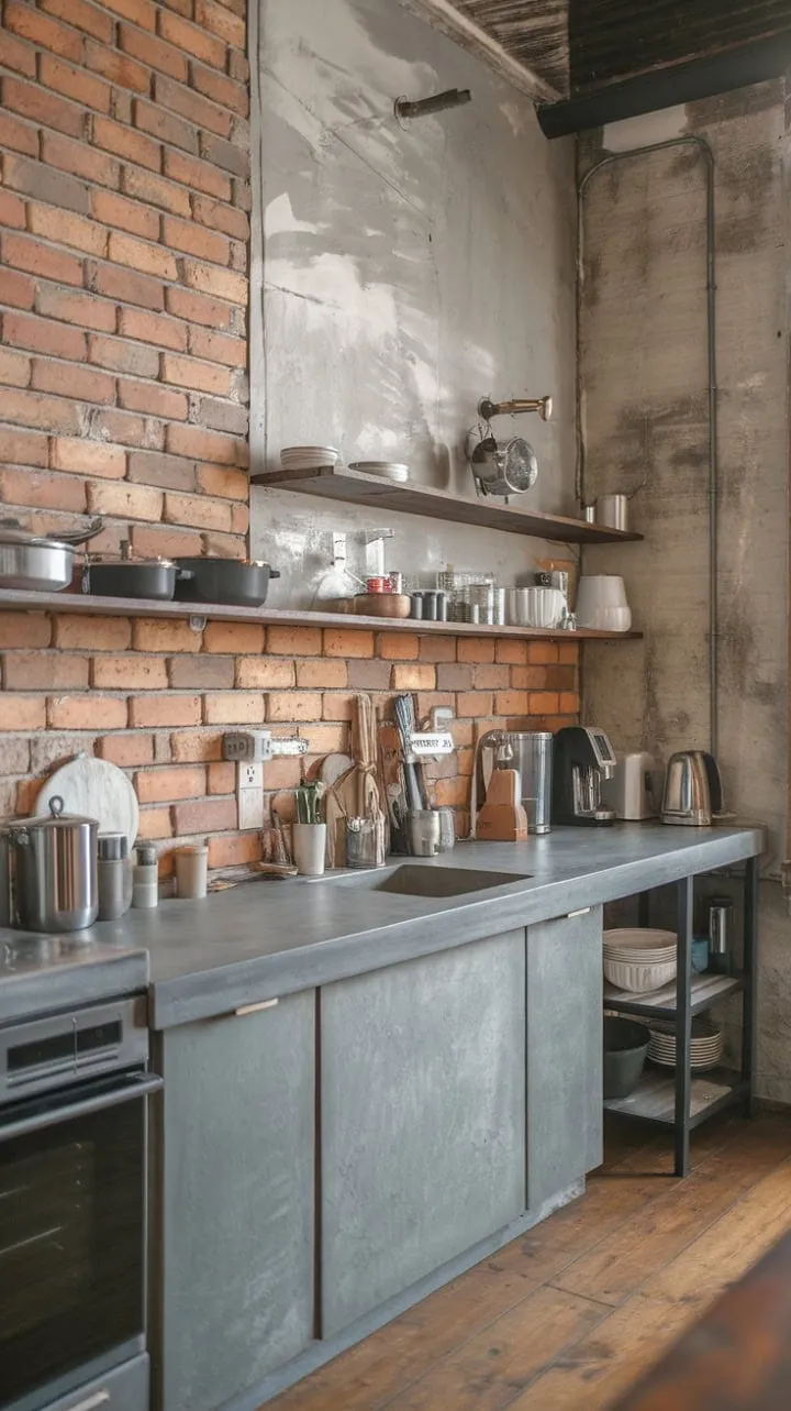 In this industrial-chic kitchen, raw textures like exposed brick and concrete harmonize with warm wood to create a stylishly functional space that marries rustic charm with modern design.