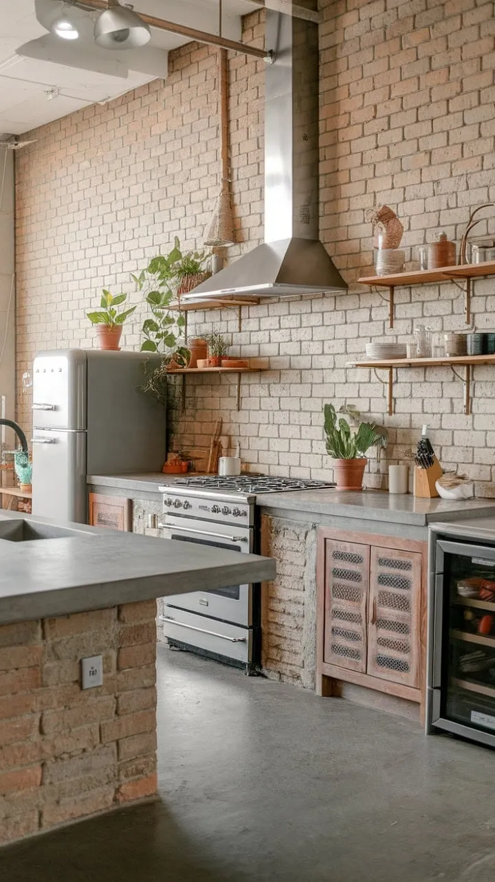 In a harmonious fusion of industrial chic and rustic charm, this kitchen boasts exposed brick and concrete countertops, radiating effortless cool with its inviting warmth.
