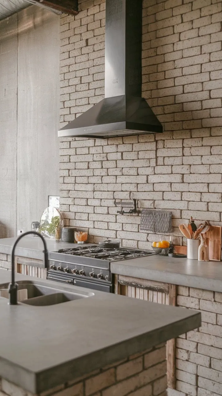 This kitchen blends the rugged charm of exposed brick and concrete with a warm, inviting vibe, making it a stylish sanctuary for culinary creativity.