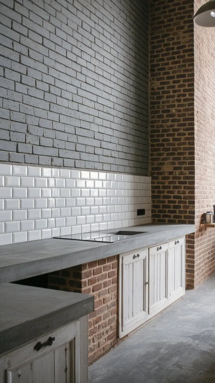 In this industrial kitchen, raw concrete and rustic charm collide, featuring an exposed brick wall adorned with white tiles and sleek countertops that harmoniously blend textures and styles.