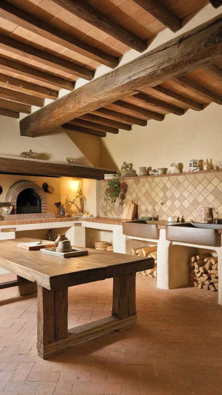 In the heart of a rustic Tuscan farmhouse kitchen, sunlight dances through aged windowpanes, mingling with the rich aromas of simmering tomatoes and warm bread, where generations gather to preserve culinary traditions and create lasting memories.
